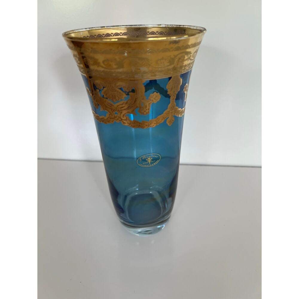 Vintage J Preziosi Lavorato a Mano Italian Blue Glass Vase Gold Overlay JL